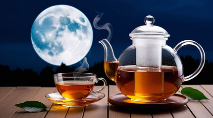 Glass Teapot and Cup of Tea with Full Moon Background 4
