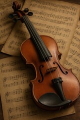 Naklejka premium Close Up of Classic Wooden Violin Resting on Vintage Sheet Music – Musical Instrument Still Life Photography