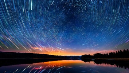 Night Sky Ablaze With Electric Blue And Fiery Orange Meteor Trails Mirrored In A Tranquil Lake