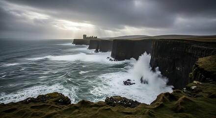 Dramatic Stormy Seas Crash Against Rugged Cliffs with Distant Castle Under Moody Sky.