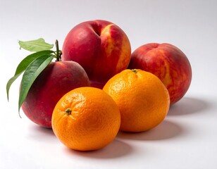 Fresh peaches and oranges on white background