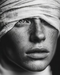 Haunting Black and White Portrait of a Person with Bandaged Eyes, Revealing One Intense Eye and Freckles, Embodying Vulnerability, Blindness, and Inner Vision – Ideal for Conceptual Art, Psychology