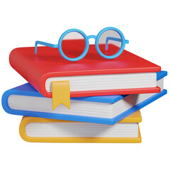 3d render Stack of colorful books with eyeglasses icon 