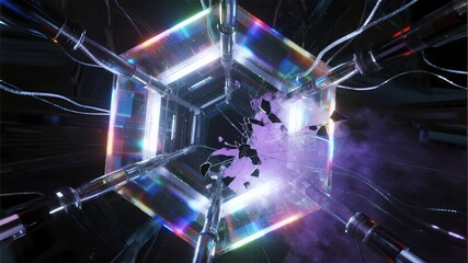 A glowing transparent cube with internal fractures emitting purple energy, surrounded by metallic pipes and wires in a dark environment.
