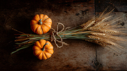 Two vibrant orange pumpkins accompanied by a bundle of wheat, arranged beautifully on a rustic wooden surface.