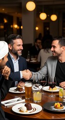 Three diverse businessmen shaking hands to celebrate a successful international partnership during a formal corporate dinner meeting in an elegant restaurant