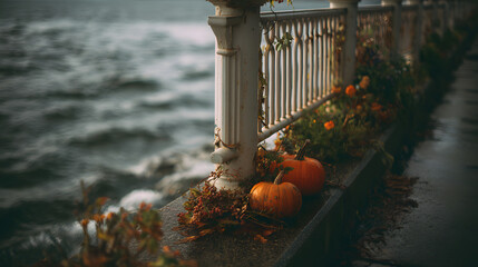 Two orange pumpkins sit beside a waterfront railing, surrounded by autumn foliage and gentle waves, evoking a cozy fall atmosphere.