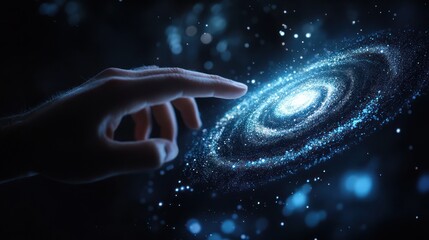 Hand touching galaxy, dark background, space exploration, science concept