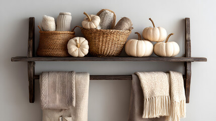 A cozy autumn display featuring neutral textiles and decorative white pumpkins on a rustic wooden shelf.