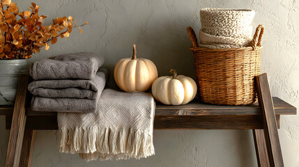 Cozy autumn decor featuring neutral tones and natural textures, with soft blankets and seasonal pumpkins.
