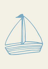 Illustration Hand Draw Doodle Blue Sailboat Yacht Ship