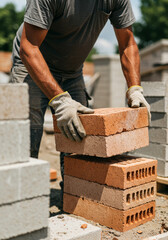 A worker lifts bricks wearing gloves at a construction site  