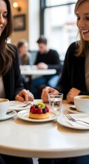 Two Women Enjoying Coffee and a Fruit Tart at a Cafe A Moment of Relaxation and Friendship in a Cozy Atmosphere with Dessert