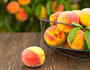 Fresh peaches in a wire basket on a wooden table