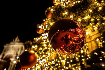 Night View of Christmas Ornament and Lights in Praça do Comércio, Lisbon, Portugal