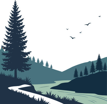 A serene winter landscape with snowy pine trees and mountains under a cold blue sky