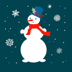 Christmas card template with vector illustration. Cute Snowman. hHoliday decor in trendy retro style