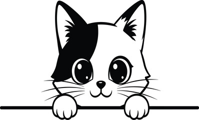 Cartoon cat illustration, cute feline drawing, black and white kitty, playful animal art, pet character, curious expression, adorable design, vector style
