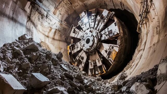 Underground tunnel boring machine drills through rocky ground