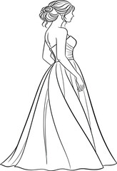 Elegant gown, fashion sketch, formal dress, line art, woman profile, black and white, hairstyle, strapless design, artistic illustration, couture style