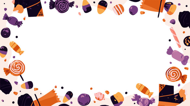 Colorful Halloween candy corn and lollipop border festive sweet treats frame with white background.