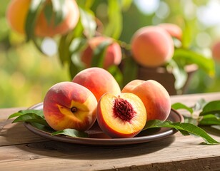 Fresh peaches on a plate, garden setting