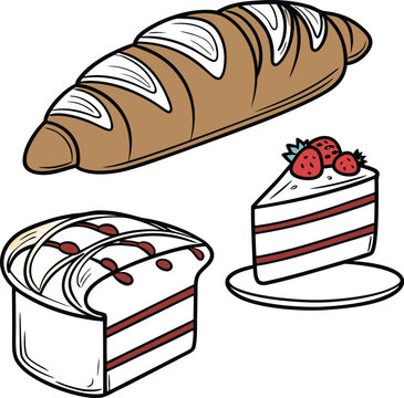 A delicious vector illustration of a set of tasty bakery snacks, including a pastry, croissant, and chocolate cake