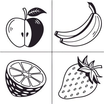 A fresh, healthy set of vector illustrations features various ripe fruits and vegetables, including apples, bananas, and lemons
