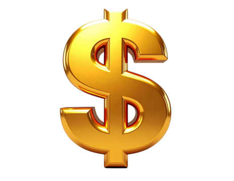 Shiny Golden Dollar Symbol Isolated on Transparent Background 