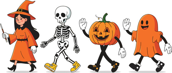 Halloween Cartoon Characters Witch Skeleton Pumpkin and Ghost Walking Together.