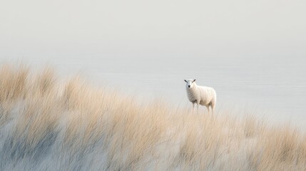 Sheep Standing On Grassy Sand Dune In Serene Landscape. Tranquil Nature Scene With Soft Colors