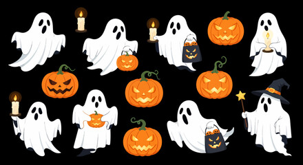 Halloween Ghosts and JackoLanterns Spooky Season Cartoon Vector Illustration.
