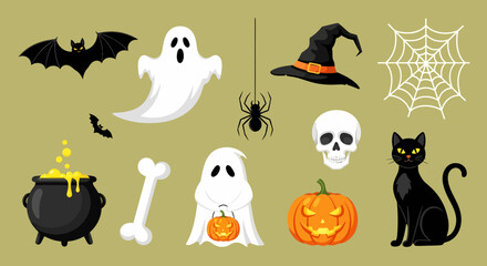 Halloween Icons Bats Ghosts Spider Witch Hat Skull Cat Cauldron and Pumpkins.