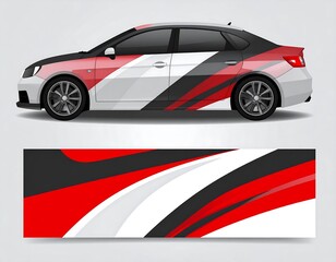 Naklejka premium Stylish car wrap design featuring dynamic red, white, and black graphics.