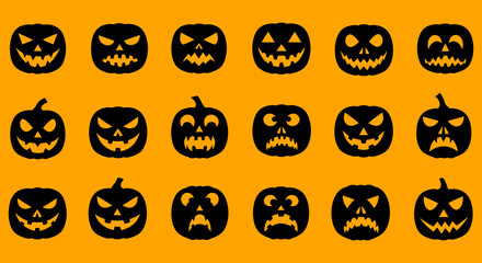 Halloween Pumpkin Faces Seamless Pattern with Spooky and Funny Expressions.