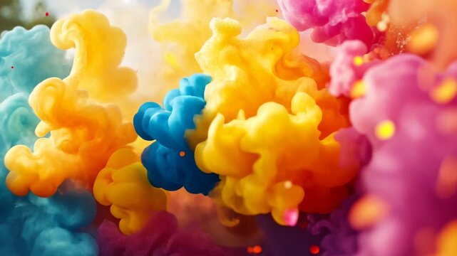 Bright abstract motion illustration of colorful bomb smoke and patterns on a blue sky background.