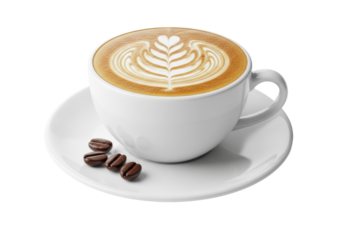 transparent ceramic coffee cup with fresh fern leaf latte art & glossy coffee beans on a matching saucer, against seamless transparent background, artisanal coffee culture concept