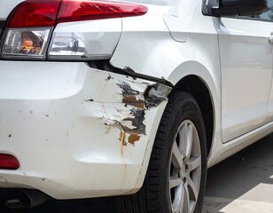 Damaged white car rear bumper, accident scene