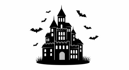 Silhouette of a Spooky Castle with Bats Flying Around for Halloween.