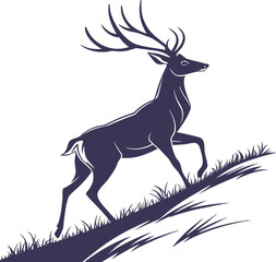 A cute brown deer with antlers and an elk silhouette vector illustration are isolated in nature