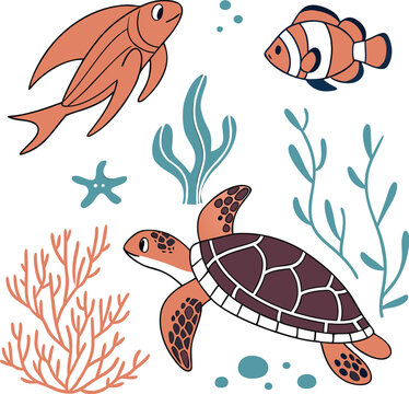 A seamless pattern of cute cartoon sea turtles and tropical marine animals swimming in the ocean