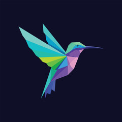 Colorful geometric hummingbird illustration on dark blue background, a modern design