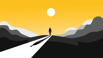 Silhouette of a man walking on a path towards the sun in a mountain landscape