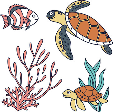 A collection of cartoon vector illustrations of sea turtles, fish, and other marine animals for a nature or underwater design