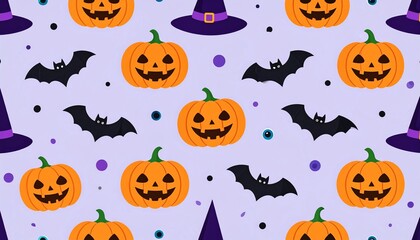 spooky seamless Halloween pattern featuring a variety of flat design illustrations. The repeating background includes iconic symbols like carved