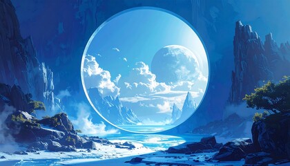 A serene, fantastical landscape displays a colossal, ethereal sphere, showcasing a celestial vista.
