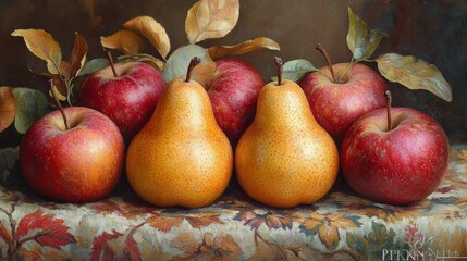 Still life of deep red apples and golden pears on a patterned cloth, inspired by Gauguin&acirc;&euro;&trade;s use of flat colors and strong outlines. --ar 16:9 --stylize 750 --v 6.1 Job ID: 31798bb9-7ac3-4aec-a626-45d