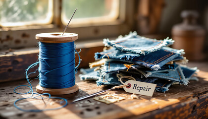 Vintage sewing thread and denim scraps for mending textiles  