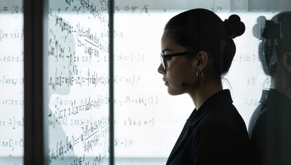 Focused woman studying complex math equations on glass board