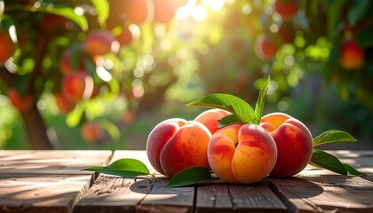 Fresh peaches on a wooden table in a peach orchard